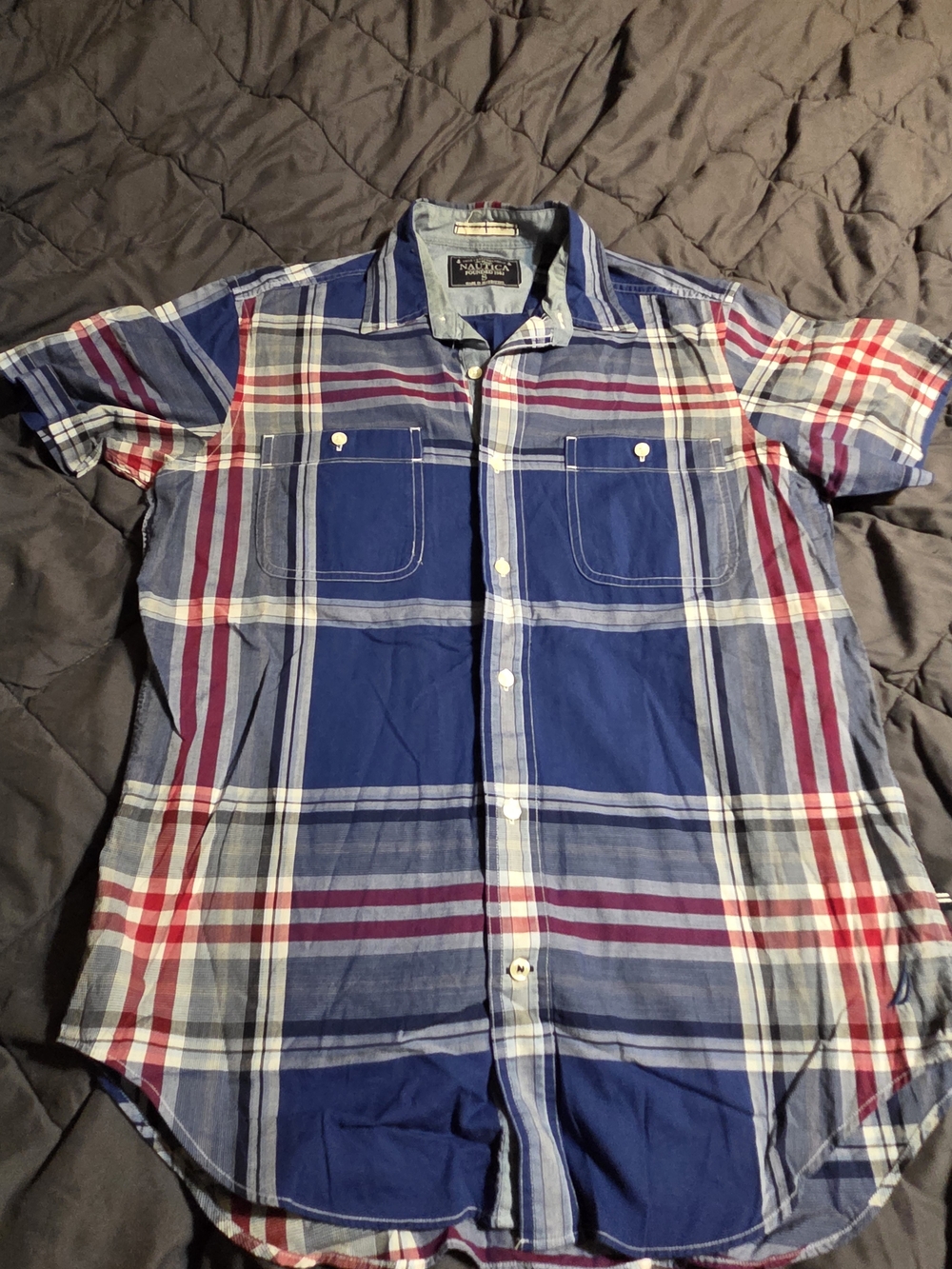 Nautica Blue Red White Plaid Short-Sleeve Button-Down Shirt